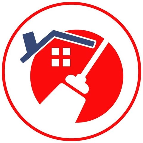 House cleaning service logo with red circle, house icon, checkmark and cleaning brush