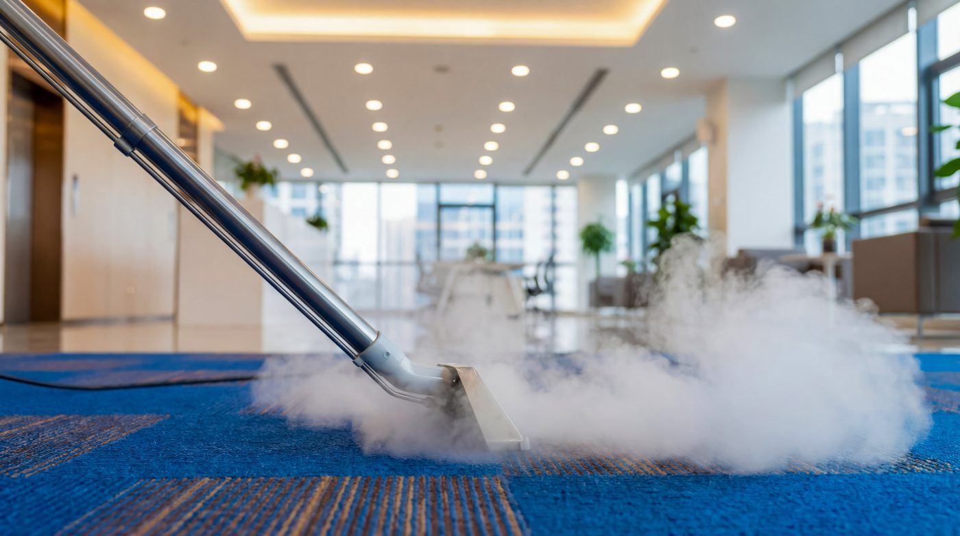 Professional carpet cleaning with steam cleaner in modern office lobby