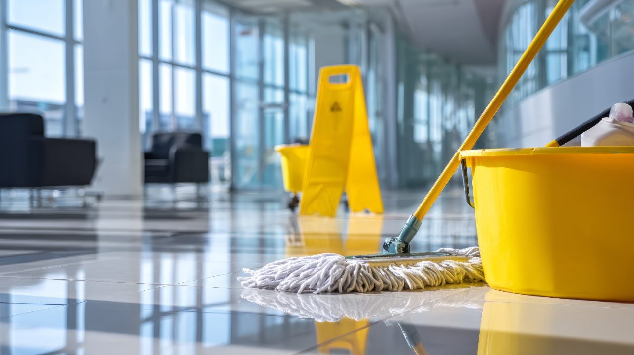 Professional cleaning supplies including a mop, yellow bucket, and wet floor sign in a modern office hallway