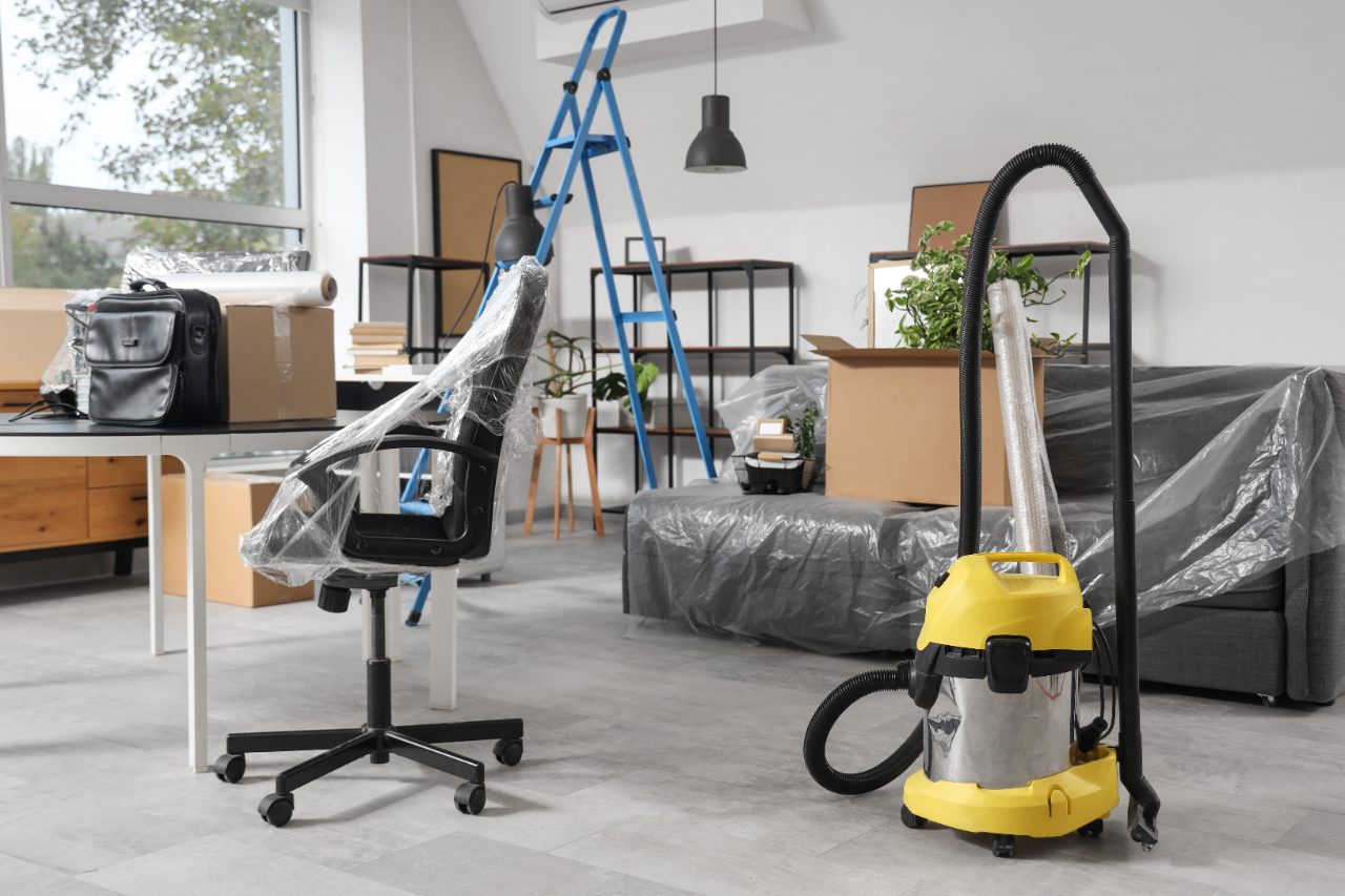 Renovation equipment and moving boxes in a residential space during home renovation project