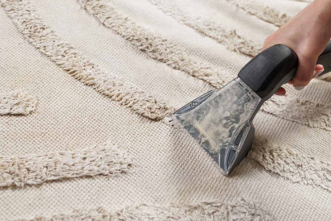 Person cleaning beige carpet with brush tool to remove dirt and stains